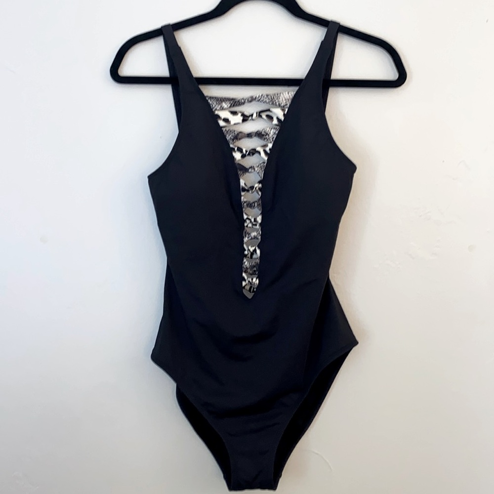 Everything But Water Med black one piece swimsuit with leopard front & back ties